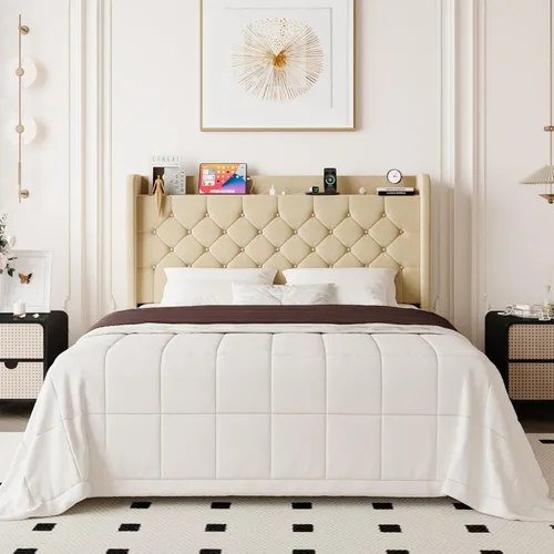 Miniatura 17 de Allewie - Base de cama tamaño King, cabecero con almacenamiento y estación de carga, tapizado en terciopelo, botones cosidos en forma de diamante