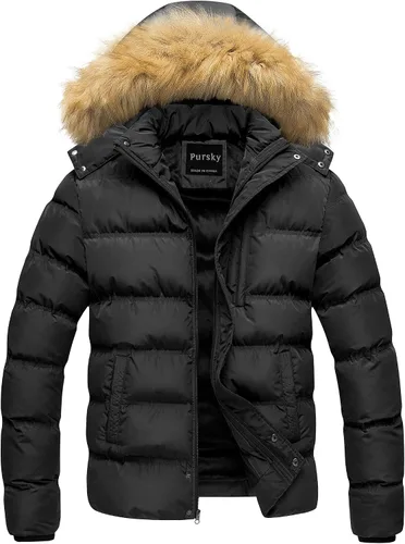 Miniatura 16 de Pursky Chaqueta de plumón impermeable para hombre, abrigos de invierno con capucha de piel para esquiar, parka con capucha de piel