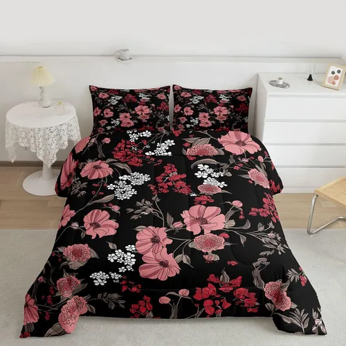 Miniatura 2 de Erosebridal Juego de edredón de flores tamaño individual, ropa de cama floral roja para el día de San Valentín para mujeres y niñas