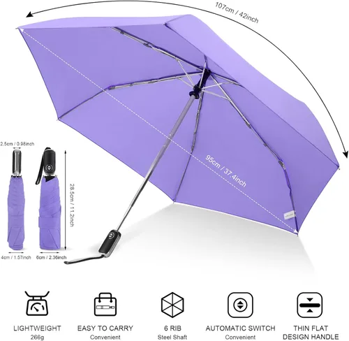 Miniatura 62 de LEAGERA Paraguas de viaje compacto para bolso, mango plano, impermeable para lluvia ligera