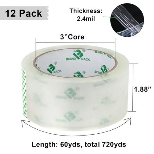 Miniatura 2 de BOMEI PACK 12 rollos de cinta de embalaje transparente con dispensador gratis, cinta de repuesto resistente para envío y embalaje, 2.4 mil 1.88