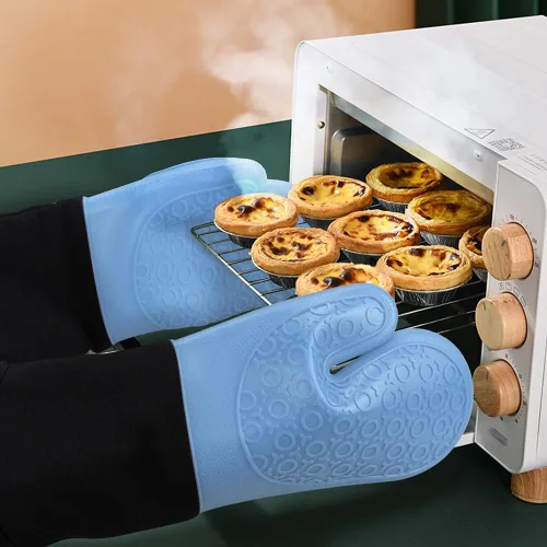Miniatura 6 de sungwoo Guantes de horno de silicona extralargos, resistentes al calor, con forro acolchado, agarre texturizado antideslizante, perfectos para Azul