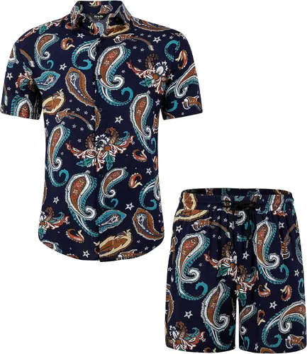 Miniatura 2 de Atwfo Conjunto de camisa hawaiana y pantalón corto para hombre, conjunto de 2 piezas para vacaciones, casual, con botones, playa, trajes florales