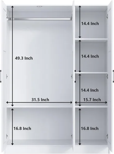 Miniatura 3 de Armario de Guardarropa de 3 Puertas de Madera, Armario de Vestir Blanco de Almacenamiento para Colgar Ropa, Armario Independiente de Gran Capacidad