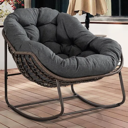 Miniatura 31 de HOMEFUN Juego de 2 mecedoras para patio al aire libre, sillas Papasan Rock de gran tamaño para interiores con cojín acolchado, asiento de huevo