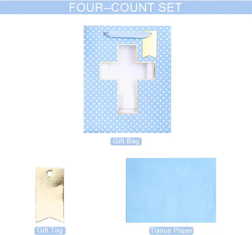 Miniatura 7 de Loveinside Bolsa de regalo azul, bolsa de regalo con diseño de cruz religiosa y puntos con papel de seda, etiqueta para bautismos de bebé, baby