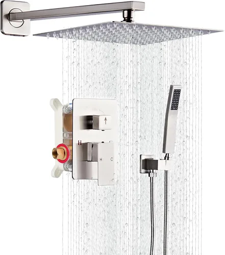 Miniatura 10 de Juego de grifo de ducha con boquilla de bañera, sistema de ducha de lluvia de níquel cepillado completo montado en la pared para baño con cabezal