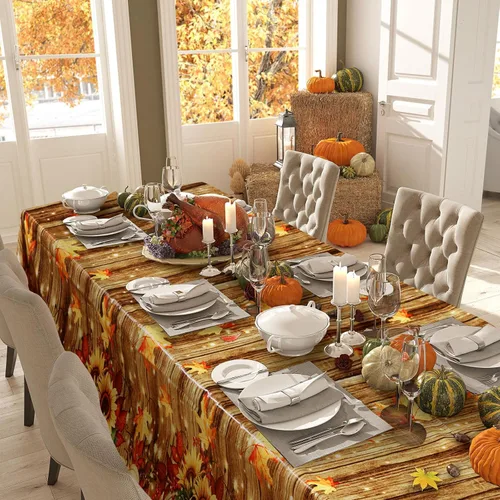 Miniatura 6 de Tranqun 4 manteles de otoño de 108 x 54 pulgadas, mantel rectangular de plástico de calabaza de Acción de Gracias, hojas de arce, hojas de arce