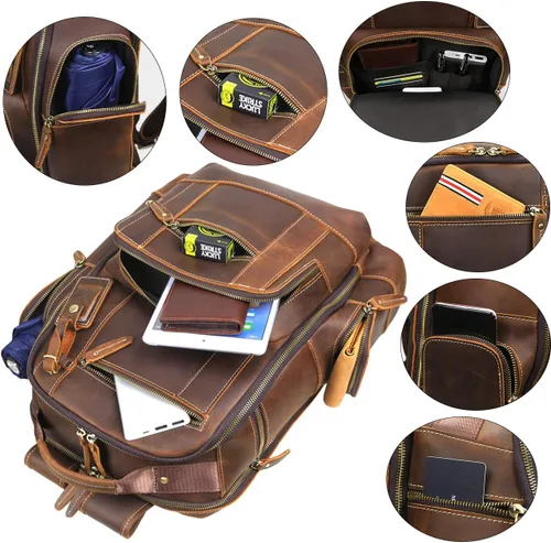 Miniatura 2 de Lannsyne Mochila vintage de cuero de grano completo para hombre de 15.6 pulgadas, mochila para laptop de camping y viajes, mochila de 24 L, Marrón