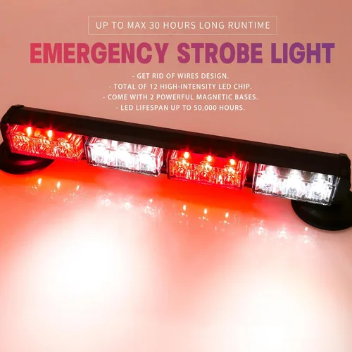 Miniatura 2 de Barra de luces estroboscópicas de emergencia de policía y bomberos de 14.8 pulgadas roja/blanca alimentada por batería para camiones/vehículos #01