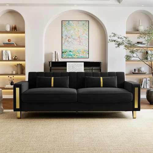 Miniatura 8 de Sofá de dos plazas para sala de estar, sofá de terciopelo beige de 86 pulgadas con 2 almohadas y patas de metal dorado, sofá tapizado moderno sofá