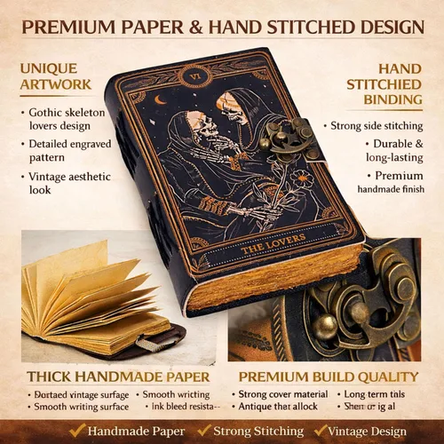 Miniatura 3 de C CUERO Libro de hechizos Diario de cuero con borde deckle de papel Grimorio impreso diario de los amantes del tarot, cuaderno de tarot en espiral