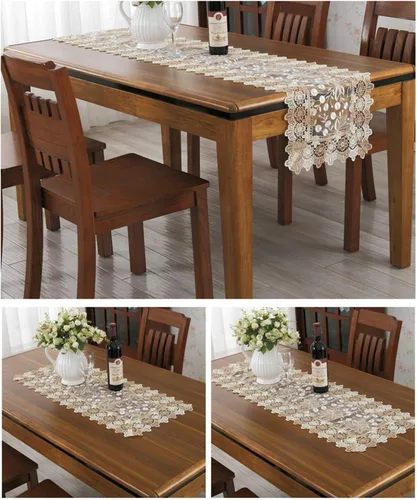 Miniatura 7 de Camino de mesa con bordado floral de encaje, bufanda rectangular transparente de poliéster para decoración de mesa del hogar, comedor, 16 x 35 Beige