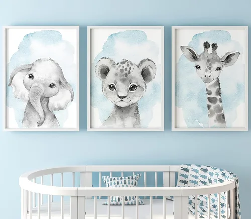 Miniatura 8 de Safari Animals - Juego de 3 impresiones artísticas de pared sin marco, carteles de animales grises con pajarita azul, elefante jirafa león, póster