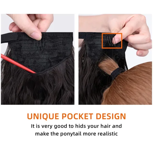 Miniatura 9 de Extensión de cola de caballo ondulado, con clip negro, 16 pulgadas, 4.2 onzas, extensiones de cabello sintético envolvente, aspecto real, peluca