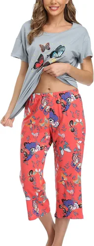 Miniatura 4 de ENJOYNIGHT - Conjunto de pijama de algodón para mujer, pijama de manga corta y pantalones capri, ropa de dormir de 2 piezas