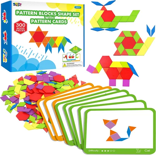 Miniatura 8 de 155 PIEZAS Juego de Bloques de Patrón de Madera, 24 Tarjetas de Diseño Doble Cara (48 Patrones) Rompecabezas de Forma Geométrica Divertido Tangram