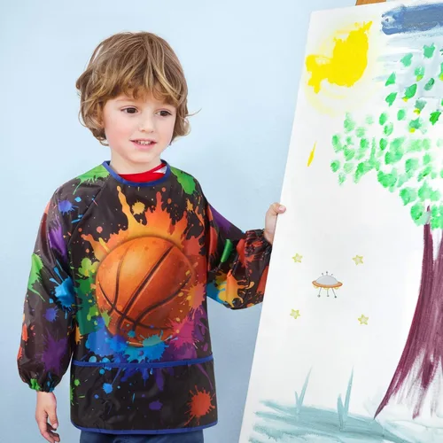 Miniatura 6 de WERNNSAI Bata de arte para niños impermeable con manga larga y 3 bolsillos de pintura