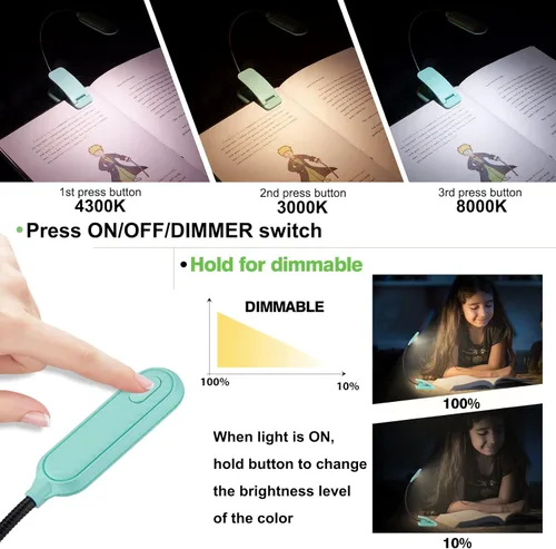 Miniatura 2 de Luz recargable de lectura de libros con clip para niños en la cama, brillo regulable, cuidado de los ojos, 3 modos de iluminación, luz de estudio