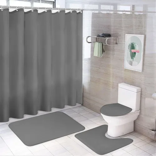 Miniatura 24 de Juego de 3 alfombras de baño modernas en blanco y negro, antideslizante en forma de U y tapa de inodoro