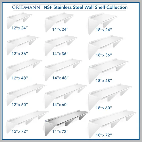 Miniatura 7 de GRIDMANN Estante de montaje en pared de acero inoxidable de 14 x 72 pulgadas con protector contra salpicaduras, grado comercial, estantería