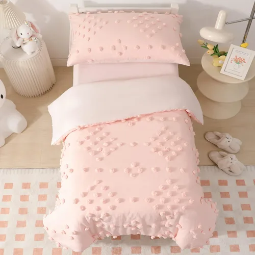 Miniatura 3 de Juego de ropa de cama para niñas pequeñas de 4 piezas, jacquard rosa con pompones y mechones, estilo bohemio boho con puntos mechonados, juego