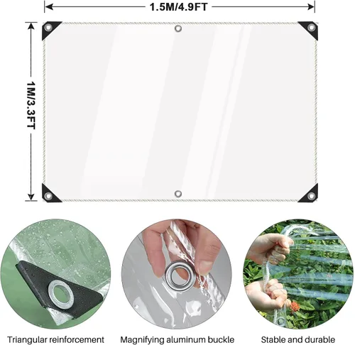 Miniatura 4 de Lonas transparentes resistentes al agua de alta calidad, lona de PVC transparente de 15 mil con ojales, cuerdas, borde reforzado, resistentes a