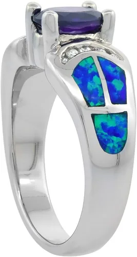 Miniatura 3 de Anillo ovalado de plata de ley con ópalo sintético azul para mujer, amatista CZ 38 pulgadas