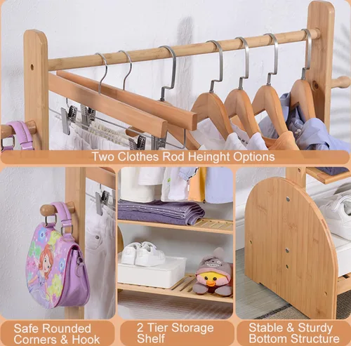 Miniatura 3 de BAMBOOHOMIE Perchero de ropa para niños con varillas ajustables, perchero de ropa para niños, bebés, mascotas, perchero para niños con 2 estantes