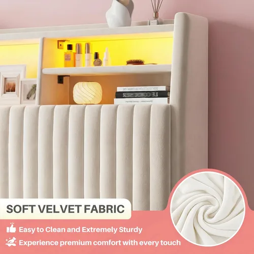 Miniatura 6 de Homkdom Base de cama de tamaño matrimonial, cabecera tapizada de canal vertical con estantes de almacenamiento, marco de cama de terciopelo con Beige