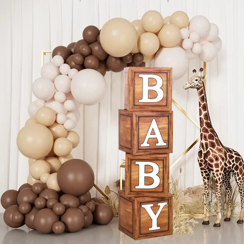 Miniatura 4 de Cajas de baby shower para decoraciones de cumpleaños – 4 cajas de globos de bebé de grano de madera marrón, cajas de bebé para decoración de centro