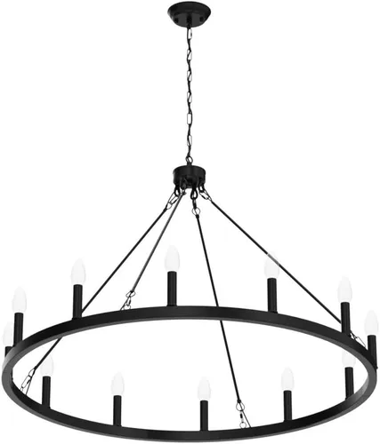 Miniatura 4 de Candelabro de Rueda de Carro Negro de 38 pulgadas, Candelabros de Rueda de Carro Estilo Granja de 12 Luces Redondo Industrial de Techo Rústico