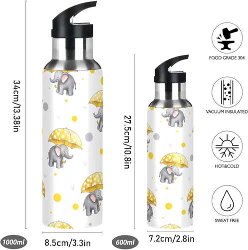 Miniatura 2 de Cute Elephants Yellow Umbrellas Stainless Steel Vacuum Insulated Water Bottle 32 Oz Leakproof Water Bottles, BPA-Free Sport Water Bottle