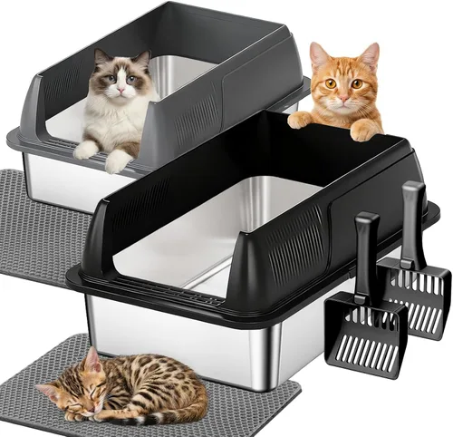 Miniatura 11 de Gimars Paquete de 2 cajas de arena de acero inoxidable XL para gatos grandes y mayores, bandeja de arena de metal para gatos múltiples con lados