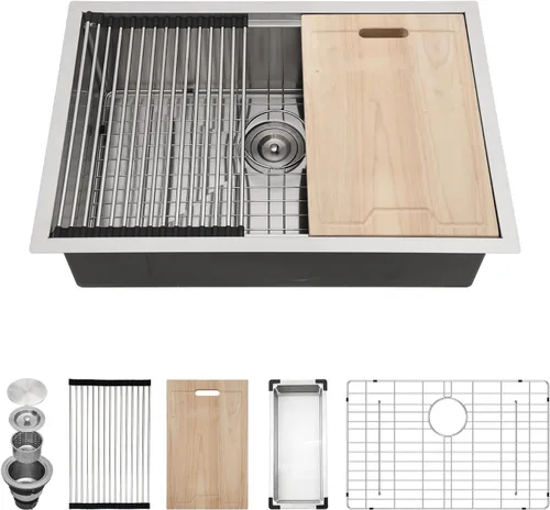 Miniatura 14 de Kichae fregadero de cocina bajo encimera de 32 pulgadas, de un solo tazón, de acero inoxidable, calibre 16, de esquina redonda, hecho a mano