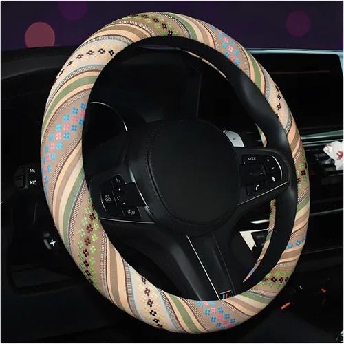 Miniatura 11 de Funda bohemia para volante, tela de lino grueso de 15 pulgadas, estilo étnico, antideslizante, protector universal transpirable para volante