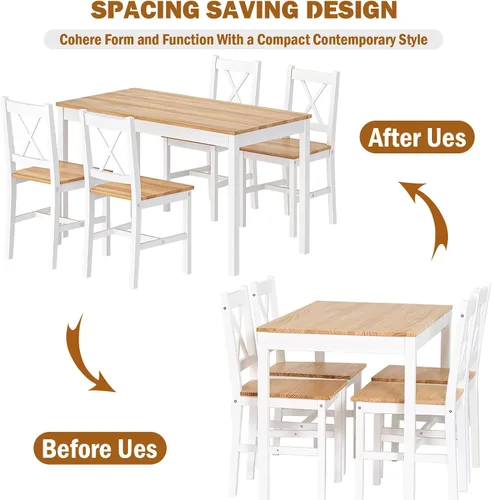 Miniatura 5 de soges Juego de mesa de comedor para 4, mesa de comedor de madera de pino de 42.5 pulgadas con 4 sillas, juego de sillas de mesa de cocina de 5