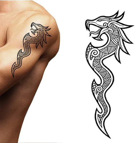 Miniatura 11 de 2 tatuajes temporales con hacha vikinga, dragón, nórdico, palo negro, tribal, bárbaro, celta, guerrero, en el cuerpo, pegatina de transferencia