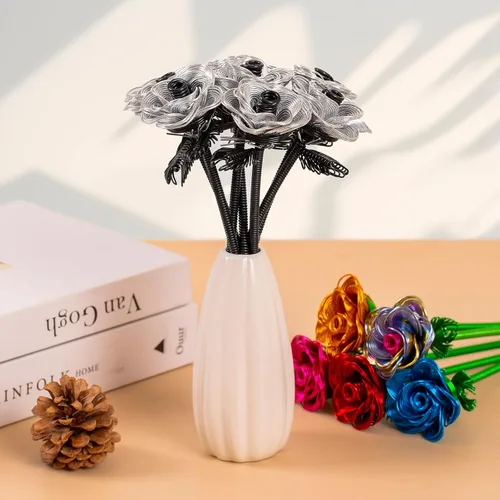 Miniatura 6 de ZffXH Ramo de flores artificiales de metal, 6 rosas falsas negras plateadas, armadura de aluminio hecha a mano, impermeable, decoración de mesa