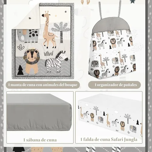 Miniatura 3 de Juego de ropa de cama de 4 piezas para cuna con animales del bosque, incluye falda de cuna de safari en la jungla, manta, sábana de cuna y apilador