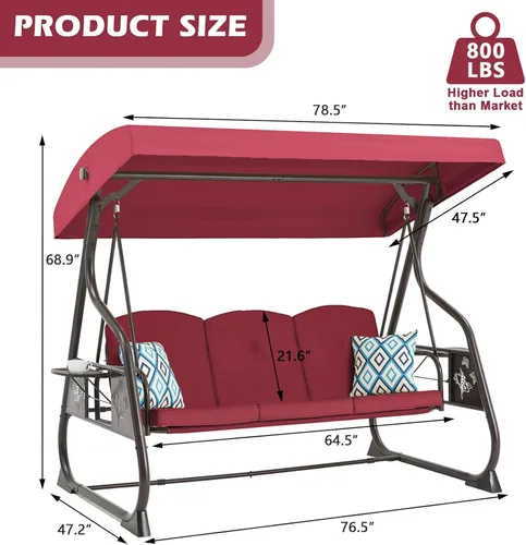 Miniatura 7 de ZZW - Columpio de porche para patio con 3 asientos, 800LBS, columpio al aire libre con soporte, toldo y respaldo ajustable, silla columpio