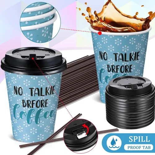 Miniatura 5 de Gerrii Paquete de 100 Tazas de Café Desechables con Tapas y Pajitas, Tazas de Papel Motivacionales con 6 Frases y Diseños, Tazas Calientes