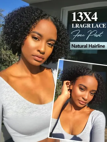 Miniatura 3 de Peluca de cabello humano corto con encaje frontal, rizada, sin pegamento, parte lateral, cabello humano virgen brasileño rizado con abuelitos