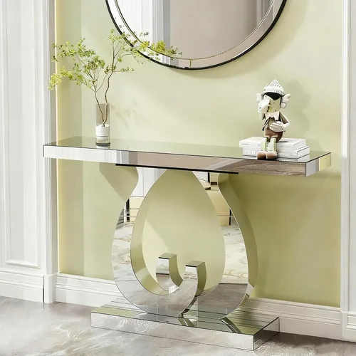 Miniatura 10 de Mesa consola de media luna de 47 pulgadas con cajón de cristal estriado y perilla de cristal, escritorio plateado para entrada, dormitorio, vestidor