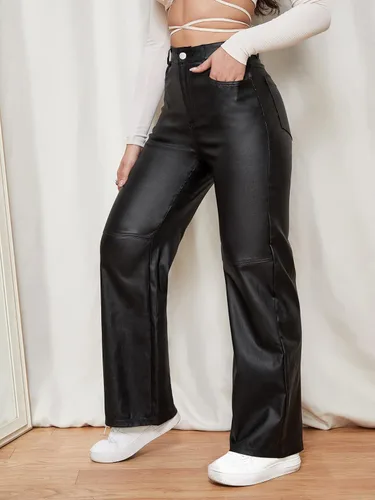 Miniatura 4 de WDIRARA Pantalones largos con bolsillo inclinado y pierna recta, de alta elasticidad, con aspecto de cuero, para mujer