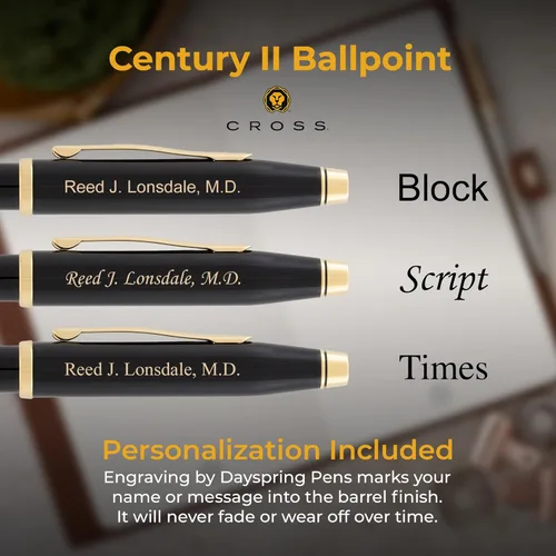 Miniatura 3 de Bolígrafo Cross Century II, laca negra con borde dorado, grabado personalizado, regalo de graduación, jubilación, promoción o reconocimiento