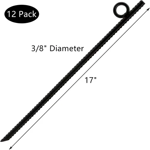 Miniatura 2 de ZOOFOX Paquete de 12 unidades de ancla de tierra de 17 pulgadas en negro, estacas de refuerzo de acero resistentes con bucle, estacas de tienda