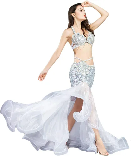 Miniatura 5 de ROYAL SMEELA Disfraz de danza del vientre para mujer, falda de danza del vientre y sujetador de cola de sirena, ropa de rendimiento profesional