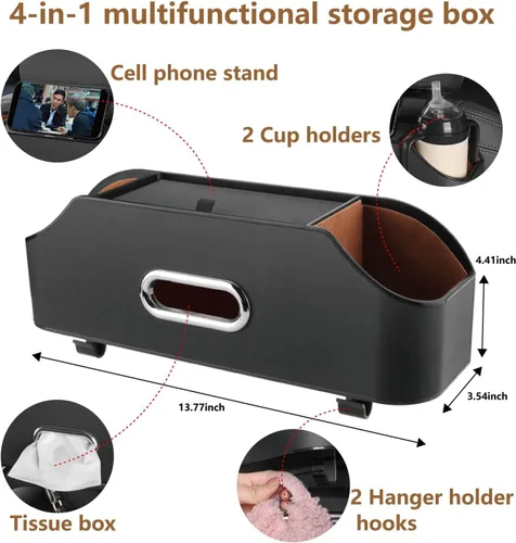 Miniatura 2 de Organizador de asiento trasero de automóvil con 2 portavasos para bebidas, soporte para pañuelos, ganchos para asiento de automóvil