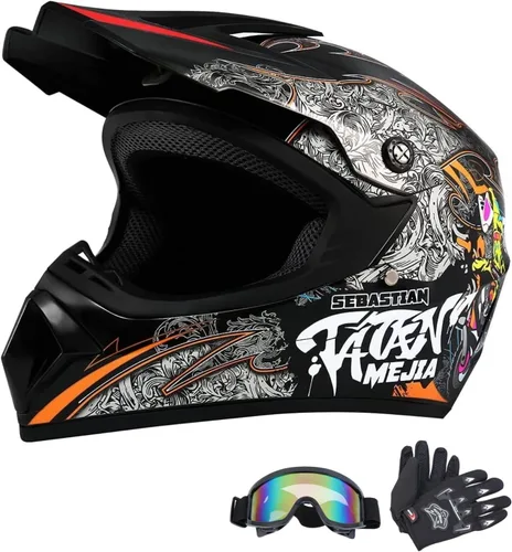 Casco de motocross para ATV y moto de tierra, casco todoterreno con guantes y gafas para unisex, adulto, joven, aprobado por DOT/FMVSS 218 (Mediano,